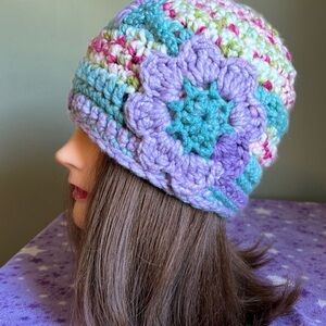 Multicolor Crochet Flower Beanie medium soft thick acrylic yarn